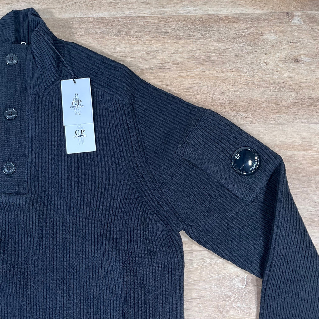 CP Company Full Rib Half-Button Lens Sweater in Black