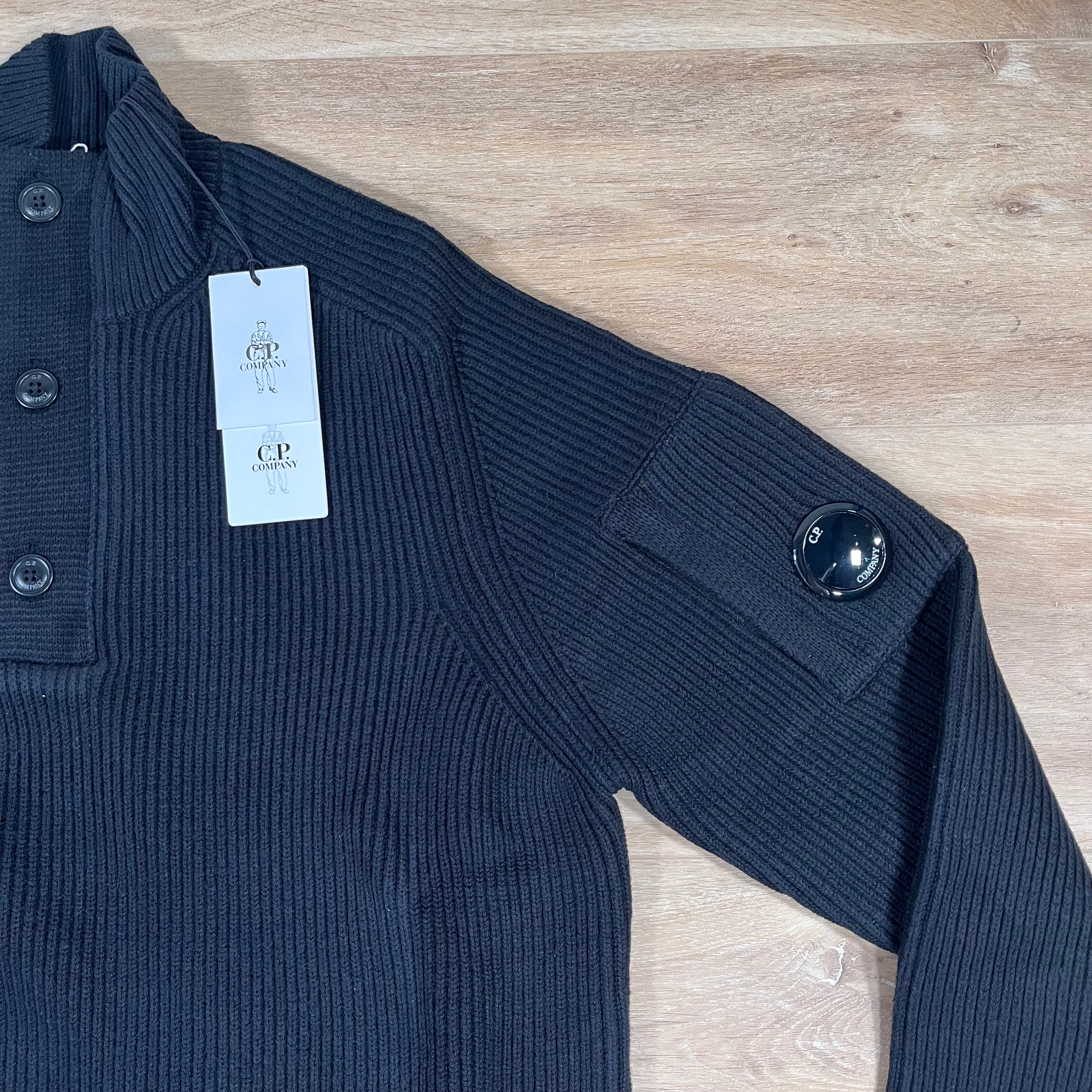 CP Company Full Rib Half-Button Lens Sweater in Black