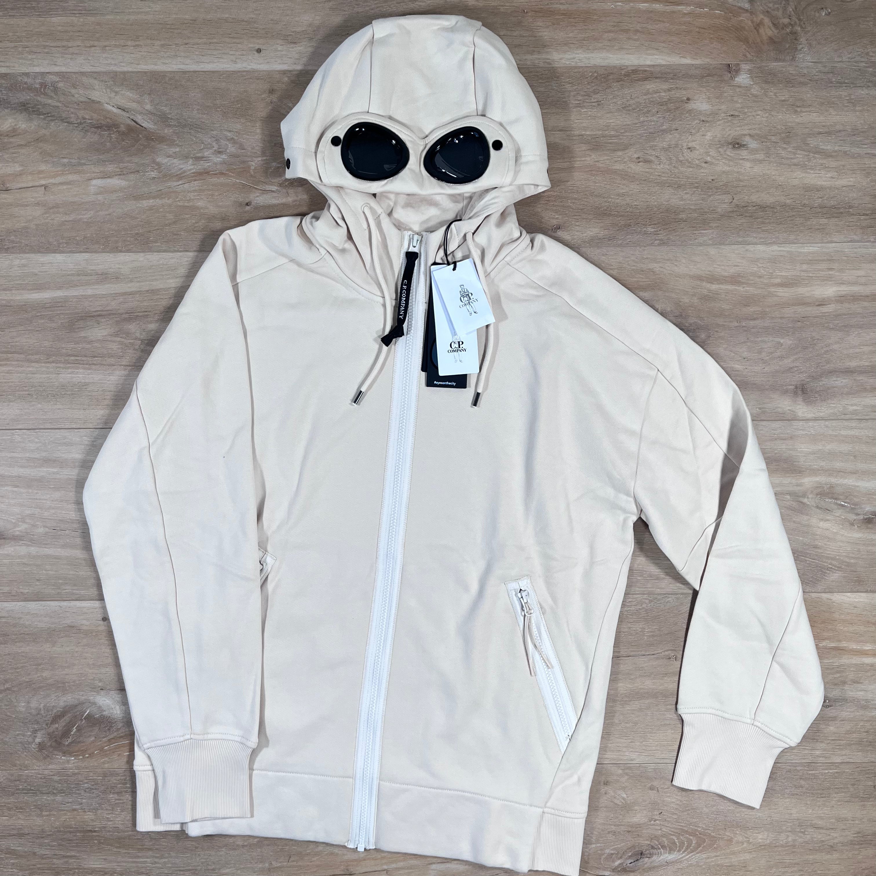 CP Company Diagonal Raised Fleece Goggle Hoodie in Pistachio Shell